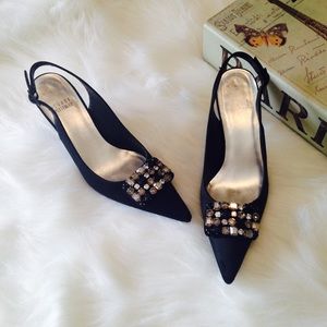 Stuart Weizman Satin Jewel Stones Sling Backs